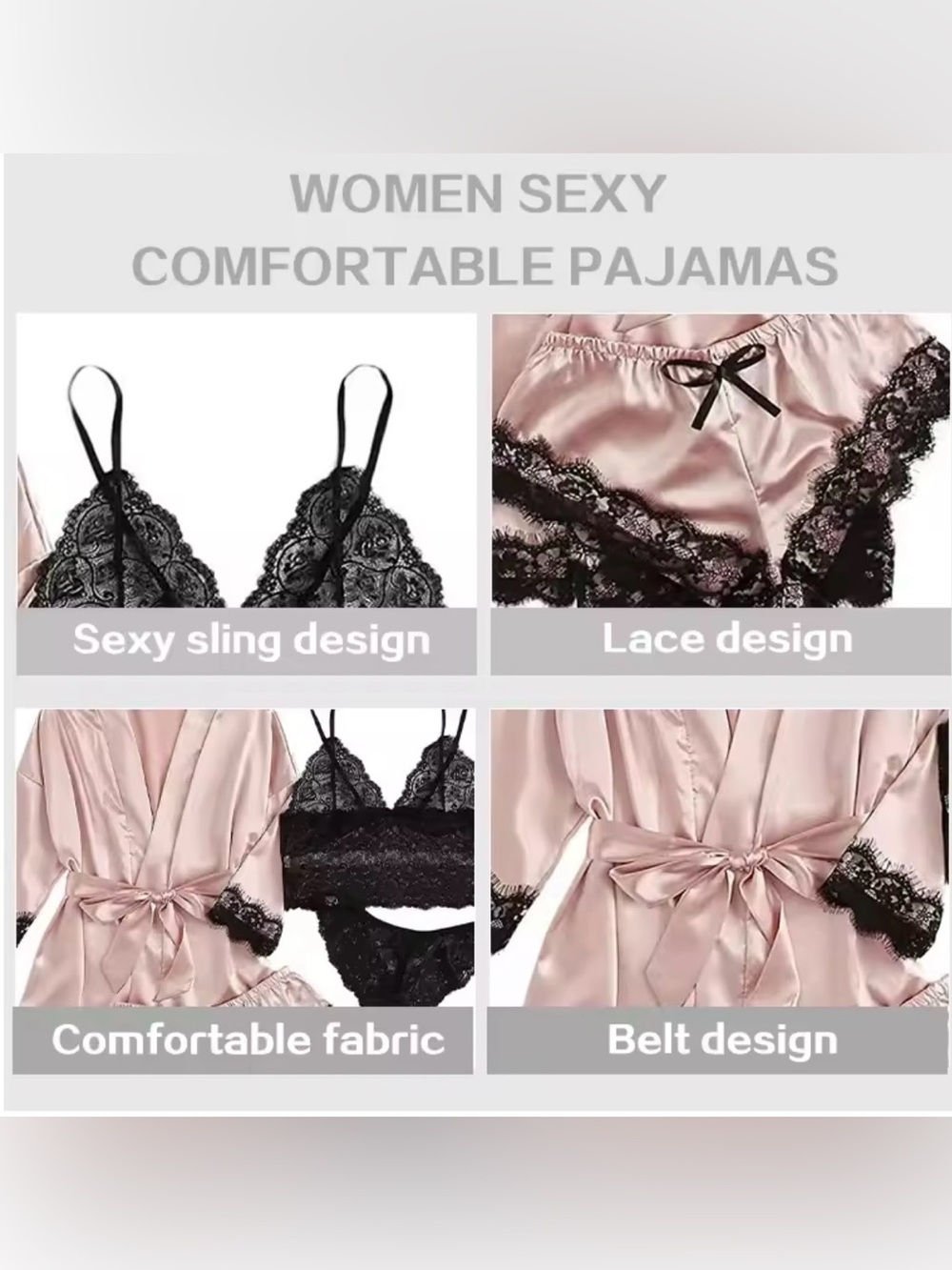 Silky Pink Satin Lace Trim 4-Piece Lingerie Set - Picture 5 of 5